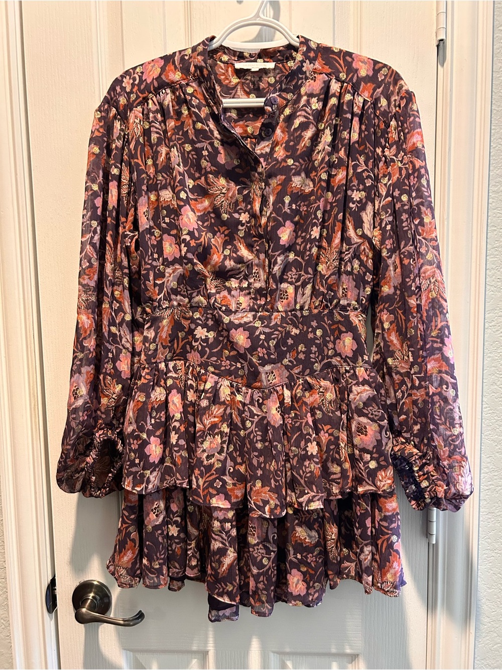 Olivaceous Plum Floral Tiered Mini Dress with Pink & Rust Blooms